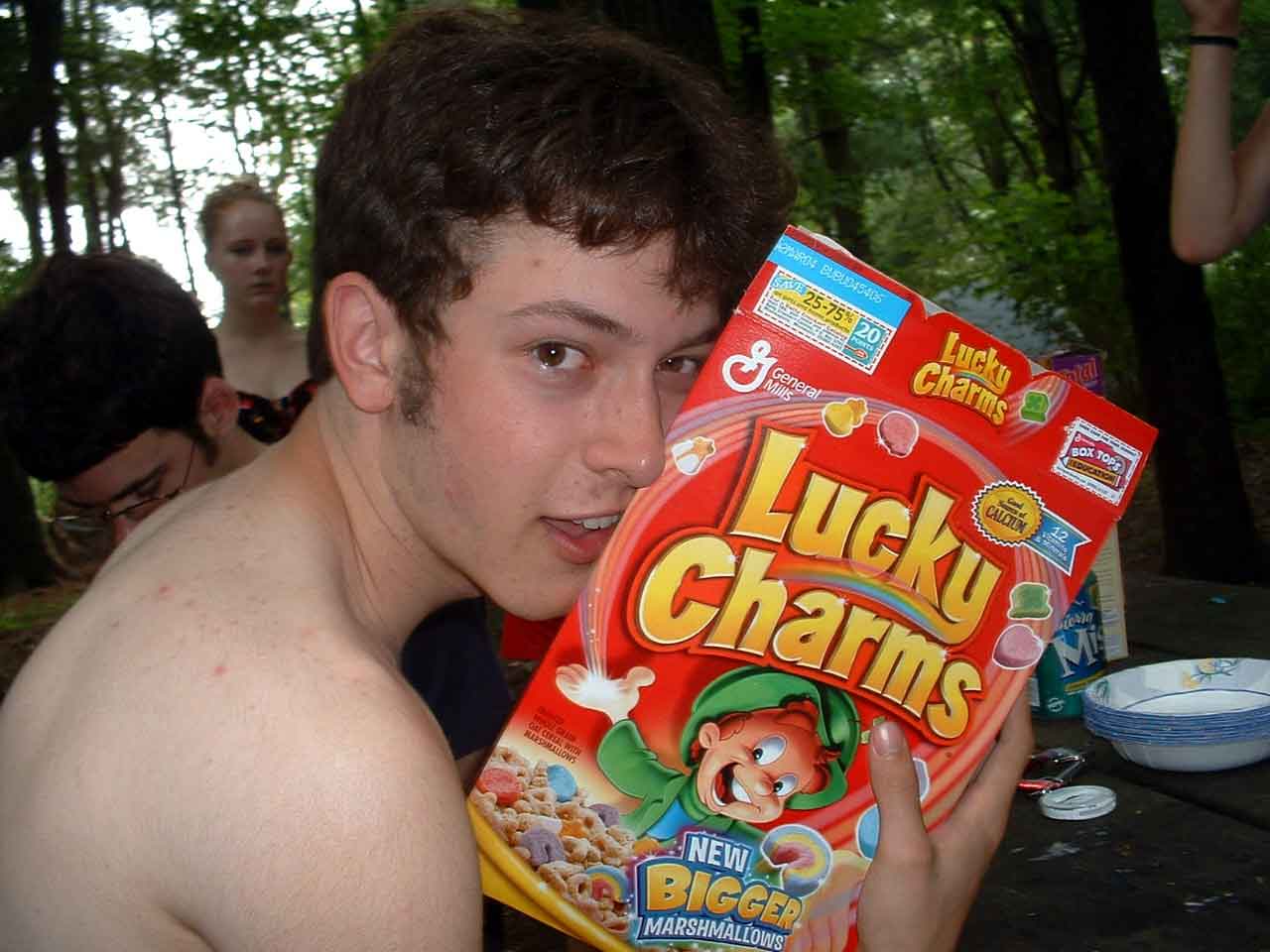 phil likes his lucky charms in the morning... he also refuses to wear a shirt. i did not take this picture